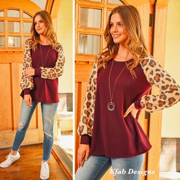 Puff Contrast Leopard Brushed Fabric Top - Picture 5 of 8